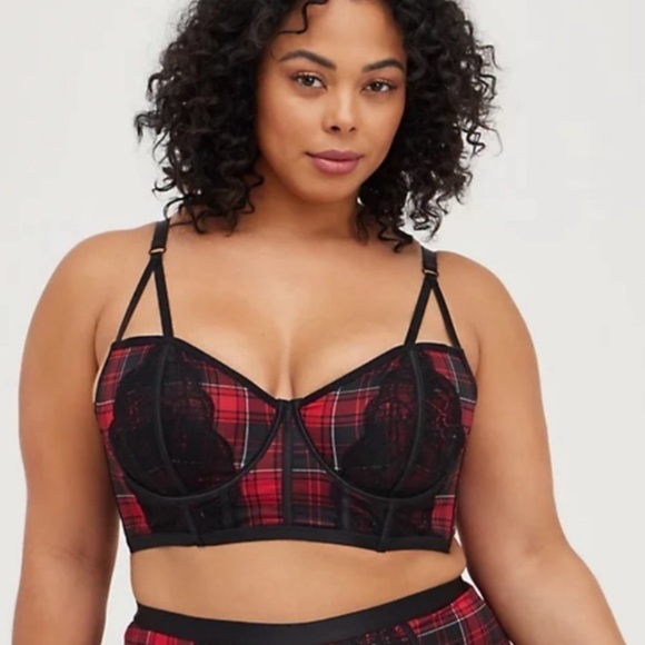 NWT Torrid Plaid Lace Unlined Strappy Longline Bralette - Picture 1 of 9